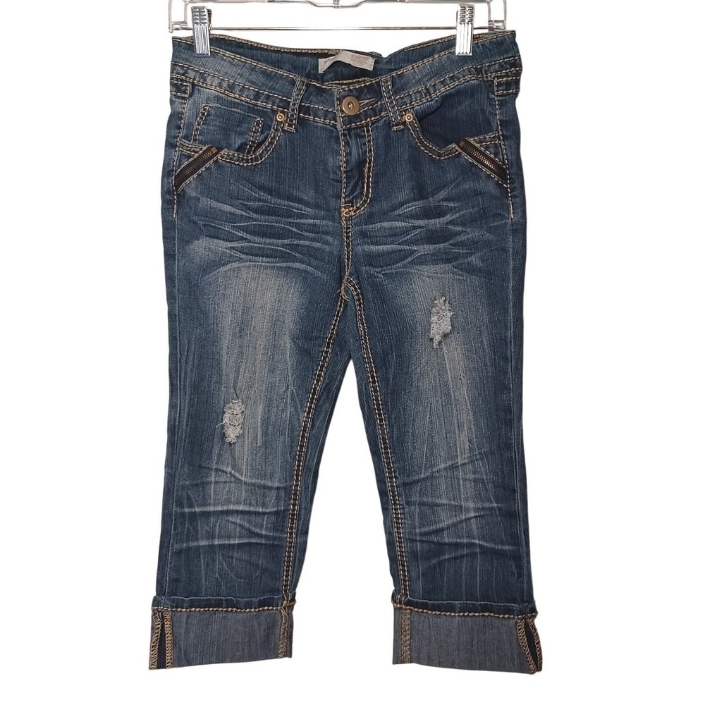 Capri Jeans Jr Girls 9 Blue Dark Wash Stitched Pockets Zip Detail Distressed